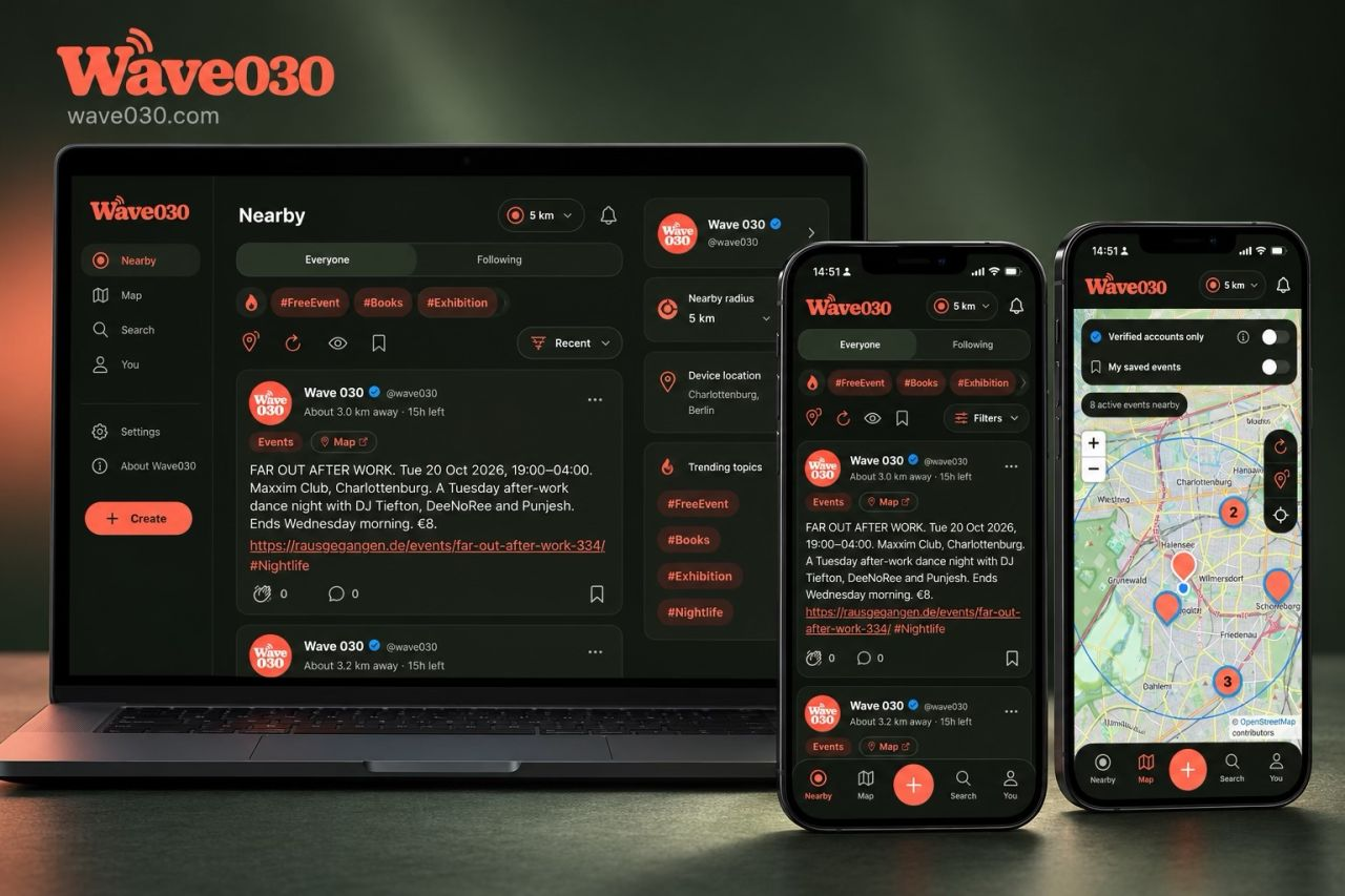 Wave030 shown on a laptop and two phones, with the nearby feed and events map